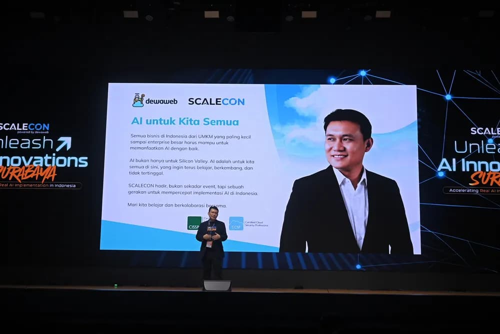 A keynote on AI for everyone opening the main stage at SCALECON Surabaya 2026