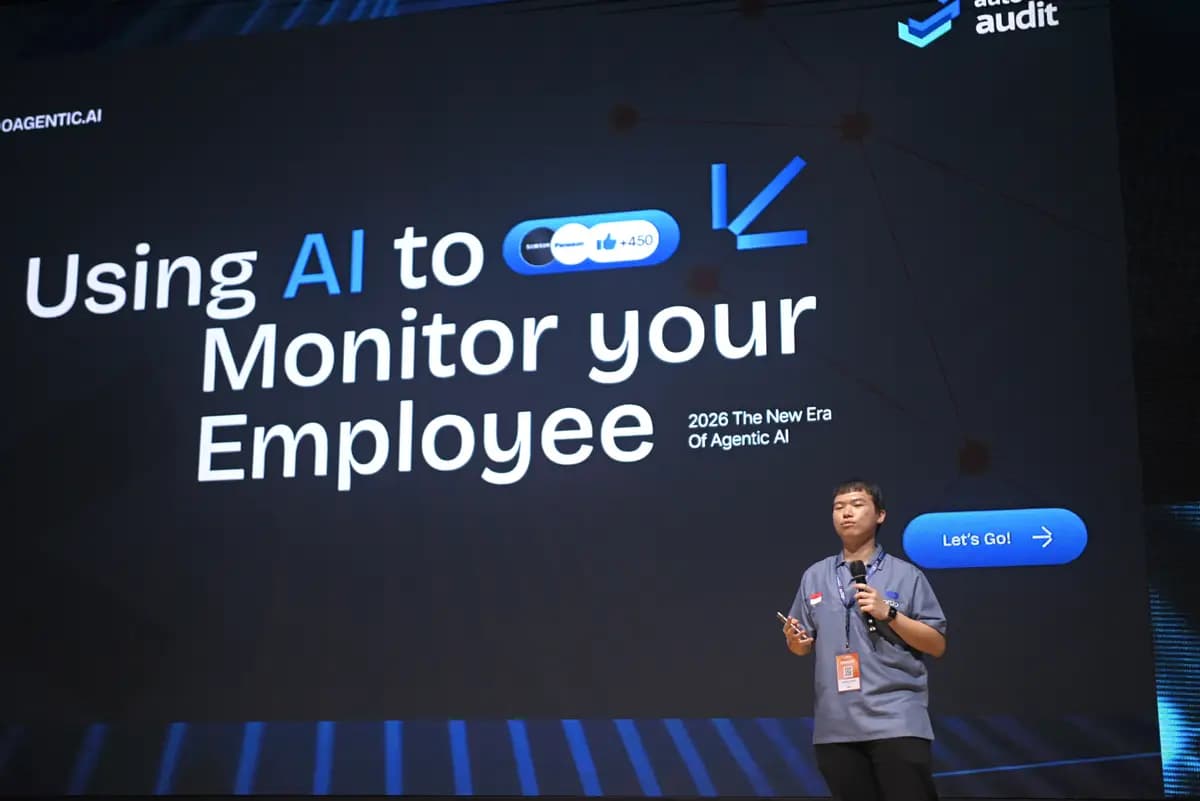 The opening slide of a session on using AI to monitor work, at SCALECON Surabaya 2026