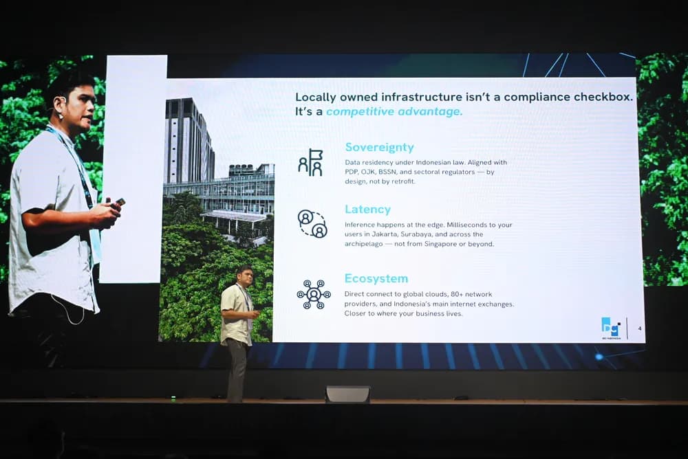A speaker making the case for locally owned infrastructure at SCALECON Surabaya 2026