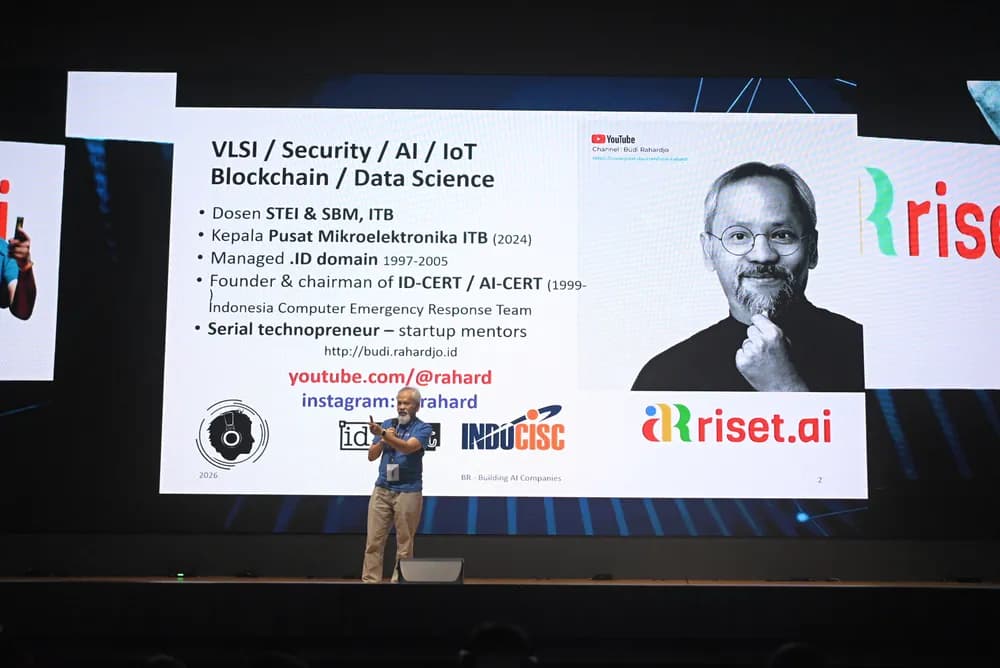 A speaker presenting on AI, security and data science at SCALECON Surabaya 2026