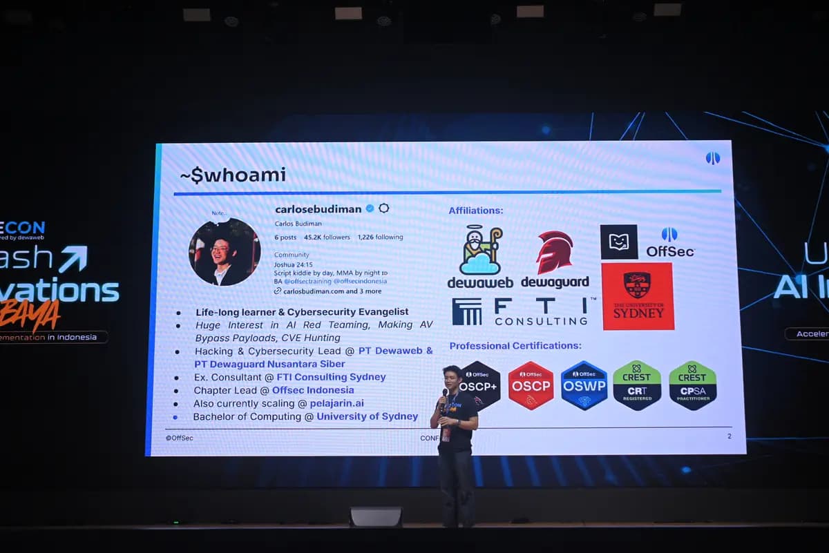 A cybersecurity speaker introducing their background at SCALECON Surabaya 2026